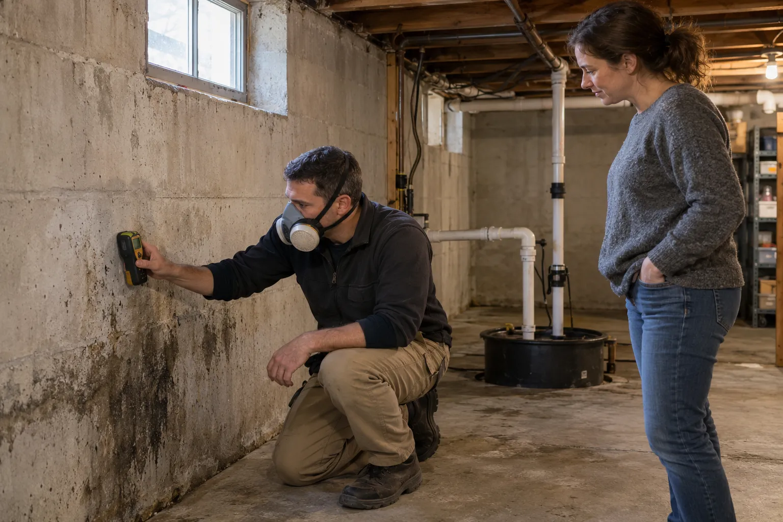 A provider checking a basement wall for mold in a home in Ypsilanti
